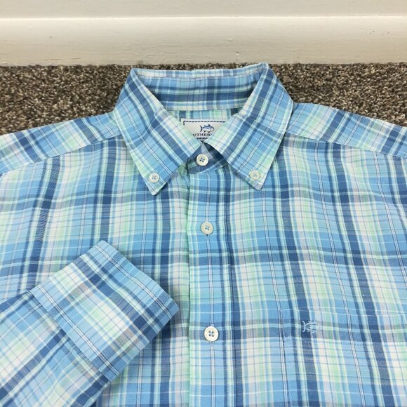 NWOT Southern Tide Shirt Linen Blend L/S Button Down Plaid Blue Mens Medium - Picture 1 of 10